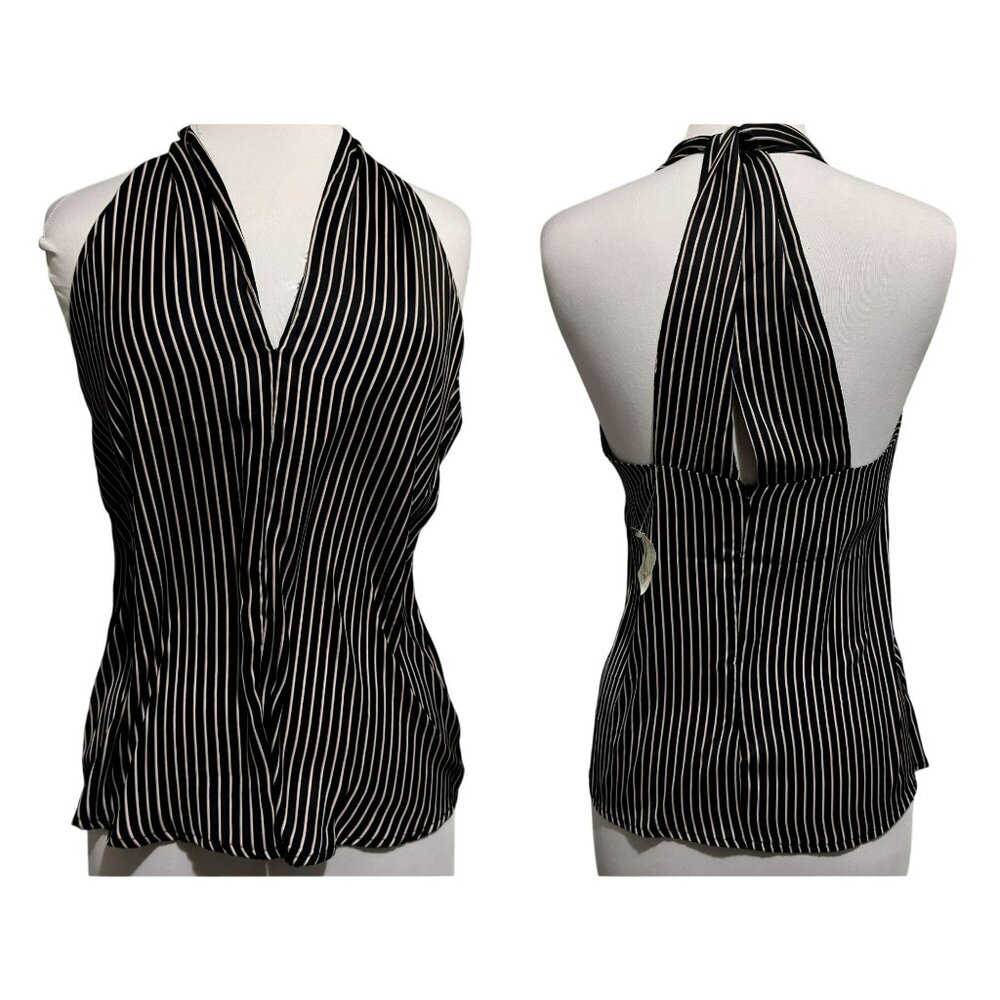 Bishop +  Young Dakota Silky Black Striped V Neck Racerback Top Sz S Trendy